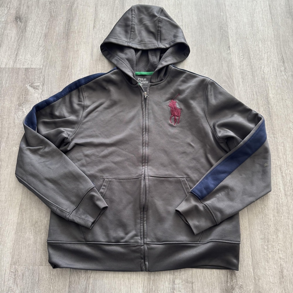 Polo Ralph Lauren Hoodie Boys Large Gray Performance Full Zip Big Pony Logo